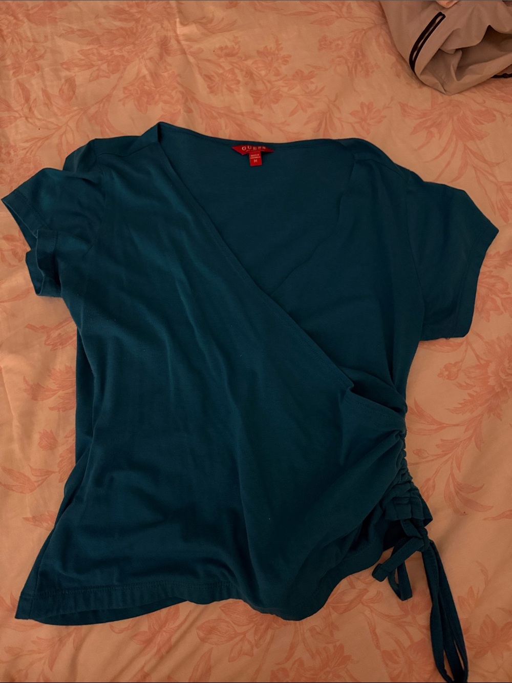 Guess Teal Wrap Short Sleeve Side-Tie Blouse